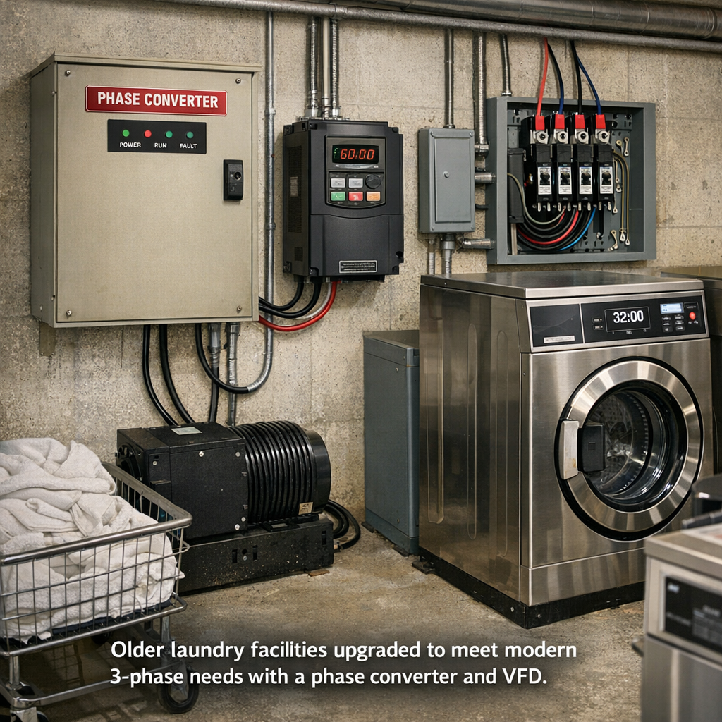 Phase Converters vs. VFDs: Solving Three-Phase Power Issues in Older Laundromat Buildings